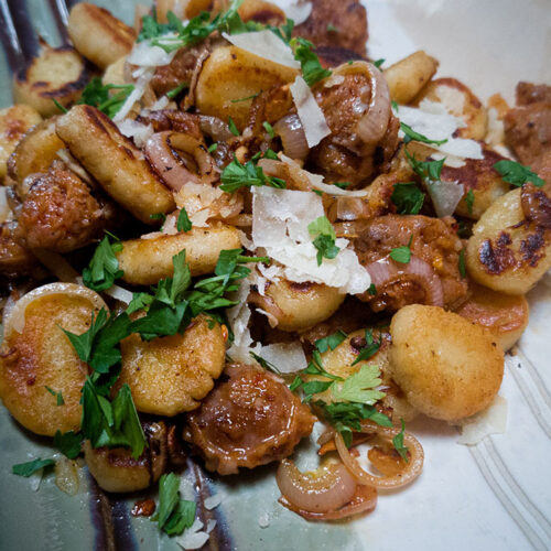 pan fried mashed potato gnocchi with sausage